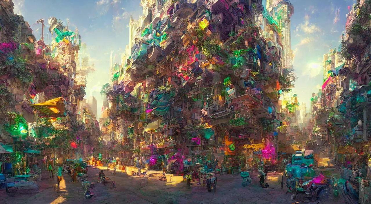 Image similar to bazaar zouk place aladin block greeble multicolorful sky shine mattepainting, street art, trending on artstation, by huang guangjian and gil elvgren and sachin teng