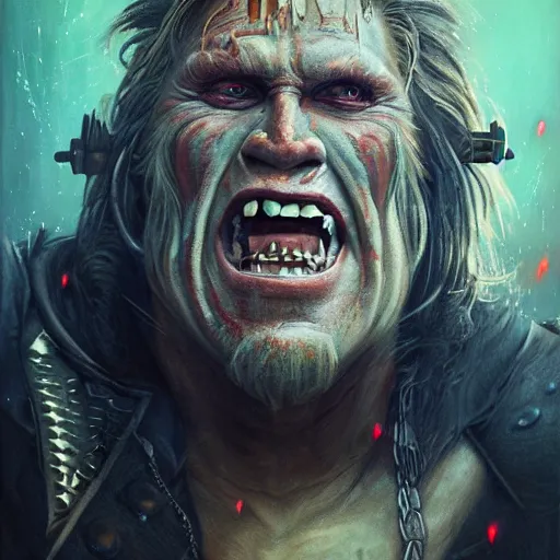 Image similar to detailed photo of a Half-orc bard portrayed by Gary Busey, 8k,by Tristan Eaton, Stanley Artgermm, Tom Bagshaw, Greg Rutkowski, Carne Griffiths, trending on DeviantArt, face enhance, hyper detailed ,full of color, dramatic lightning, epic stance