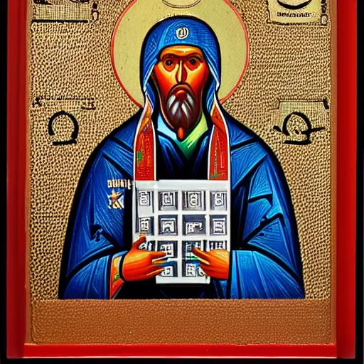 Image similar to russian orthodox icon showing zx spectrum personal computer