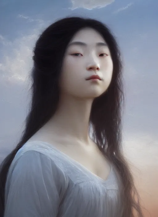 Prompt: oil painting close up portrait of a contemplative young japanese - nigerian woman with long dark flowing hair in a dress made of white roses!! at sunset, hazy, digital art, chiaroscuro, artstation, cinematic, golden hour, digital art painting by greg rutkowski, william - adolphe bouguereau, hazy atmosphere, cinematic lighting