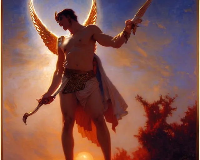 Image similar to attractive pagan male deity, summoning handsome lucifer morning star. highly detailed painting by gaston bussiere, craig mullins, j. c. leyendecker 8 k