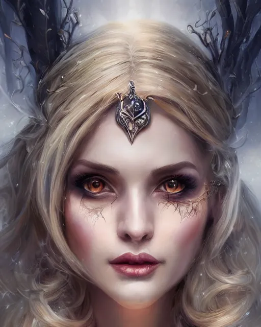 Image similar to a beautiful female witch, 8 k, hyperrealistic, hyperdetailed, fantasy portrait by laura sava