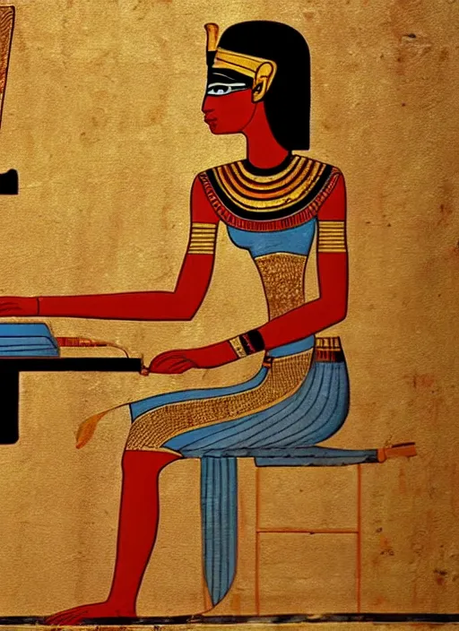 Prompt: ancient egypt painting of girl playing piano, 4 k, high quality, sharp fucos