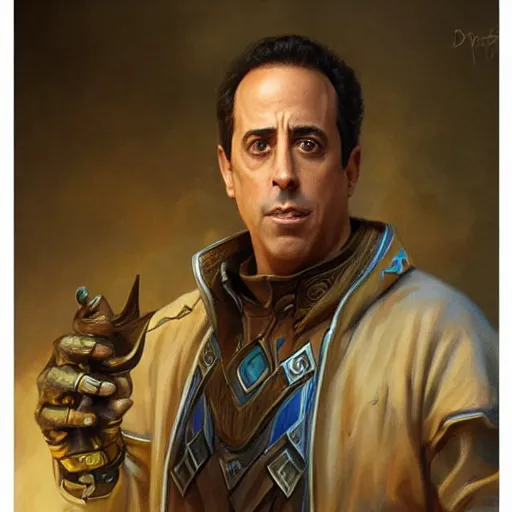 Prompt: the jerry seinfeld as a realistic d & d fantasy character, closeup portrait art by donato giancola and greg rutkowski, vintage retro, realistic face, digital art, trending on artstation, symmetry!!