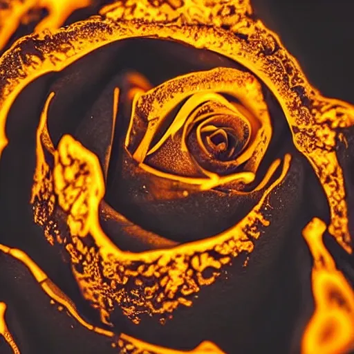 Image similar to award - winning macro of a beautiful black rose made of glowing molten magma