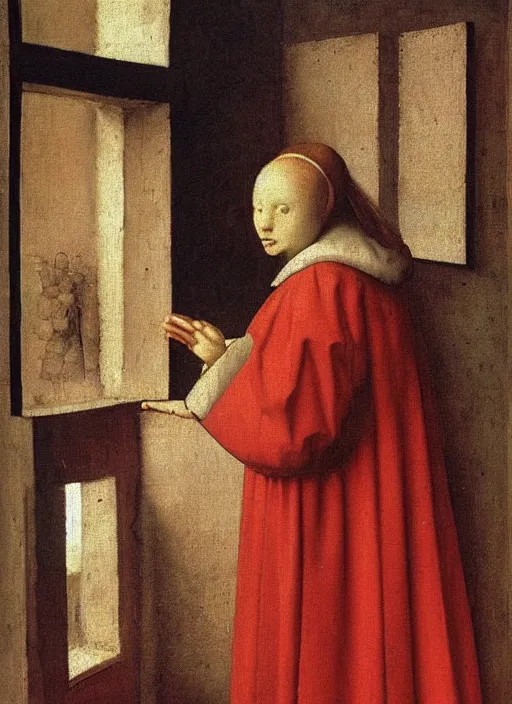 Image similar to red shoes, medieval painting by jan van eyck, johannes vermeer