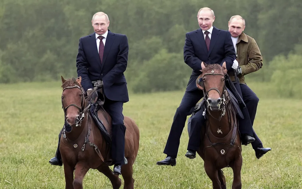 Prompt: vladimir putin rides on the back of alexander lukashenko