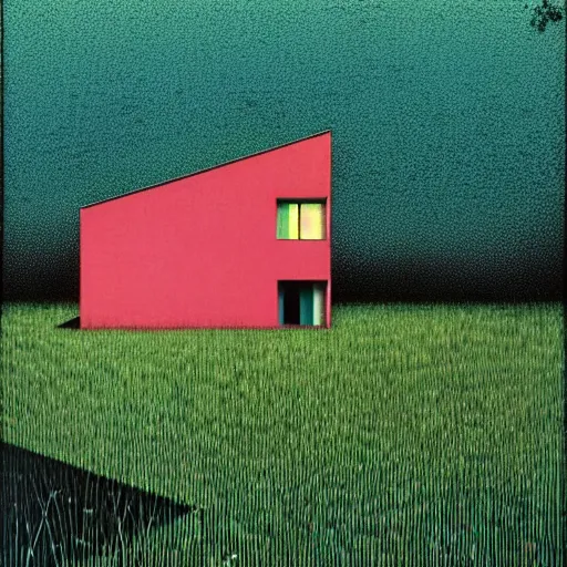 Image similar to surreal glimpse into other universe, house by tadao ando, summer morning, very coherent and colorful high contrast, art by!!!! gediminas pranckevicius!!!!, geof darrow, floralpunk screen printing woodblock, dark shadows, hard lighting, stipple brush technique,