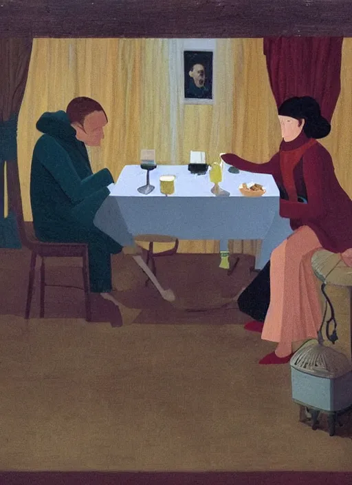 Image similar to A couple having a lonely dinner on a Saturday night painted by Marius Van Dokum, cinematography of Wes Anderson