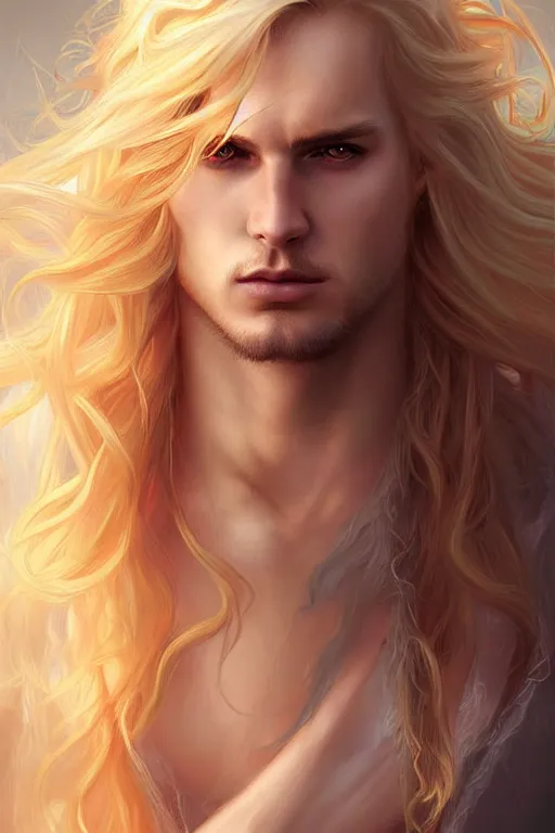 Prompt: digital art of a pale menacing male Angel of Battle with long blond curls of hair and piercing eyes, central composition, he commands the fiery power of resonance and wrath, very very long blond curly hair with bangs!!!, Center parted bangs, fringe, baroque curls, by Ross Tran Rossdraws and WLOP, Artstation, CGsociety