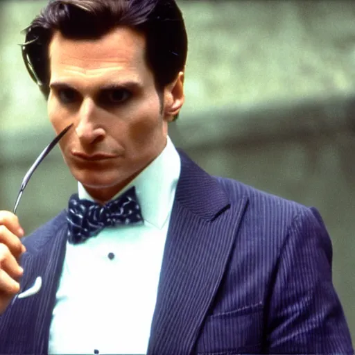 Prompt: Patrick Bateman in a suit with a kiwi.com logo