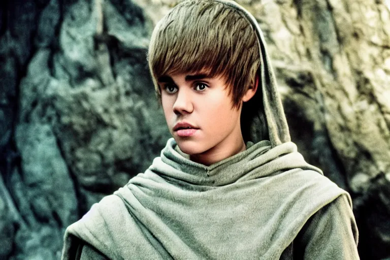 Image similar to justin bieber plays an elf in the lord of the rings return of the king, highly detailed, cinematic lighting, 4 k, arricam studio 3 5 mm film camera, kodak 5 2 7 9 ( tungsten - balanced ) film stock
