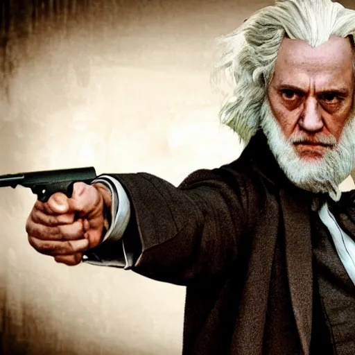 Image similar to Albus Dumbeldore in the mafia using guns photorealistic, 4k