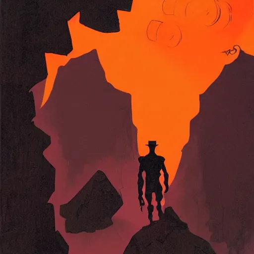 Prompt: a young man stands alone in a cavern, beautiful art by mike mignola