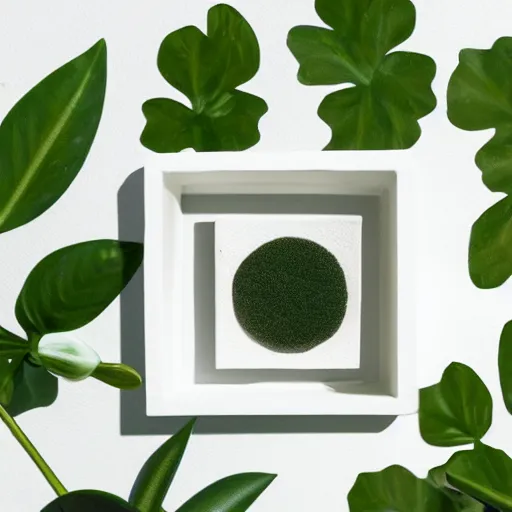 Prompt: a ceramic sculpture of some kind of plant in a square frame on a white surface with a white wall behind it and a green plant in the center