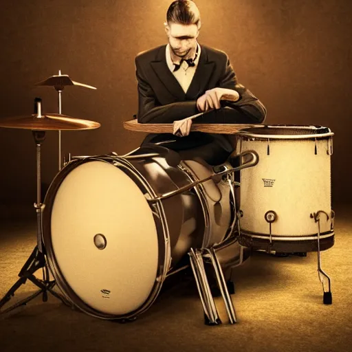 Image similar to 1940's musician playing drums, photorealistic art, hd, 8k, cinematic lighting, intricate details, high definition