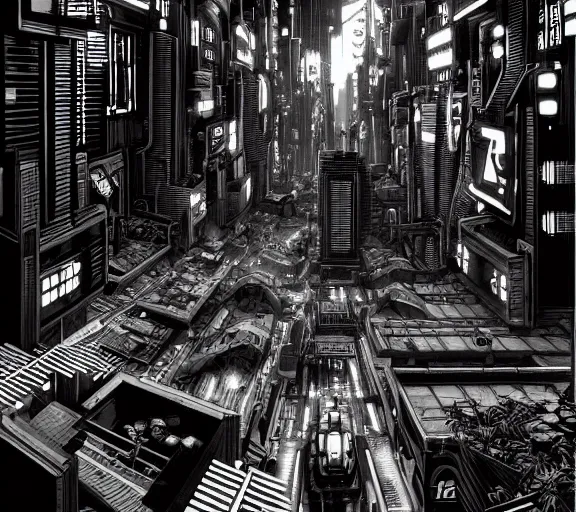 Image similar to a black and white illustration of a cyberpunk epic Friday night firefight in the style of MC Escher, Night City, cyberpunk 2077, 1979 OMNI Magazine Cover, very very coherent, street level neo-Tokyo in Cyberpunk 2045, 4k, 8k, HD, trending on artstation