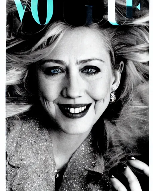 Prompt: a beautiful professional photograph of hilary clinton as beautiful by herb ritts, arthur elgort and ellen von unwerth for vogue magazine, unusually attractive, fashion model looking at the camera in a flirtatious way, zeiss 8 0 mm f 2. 8 lens