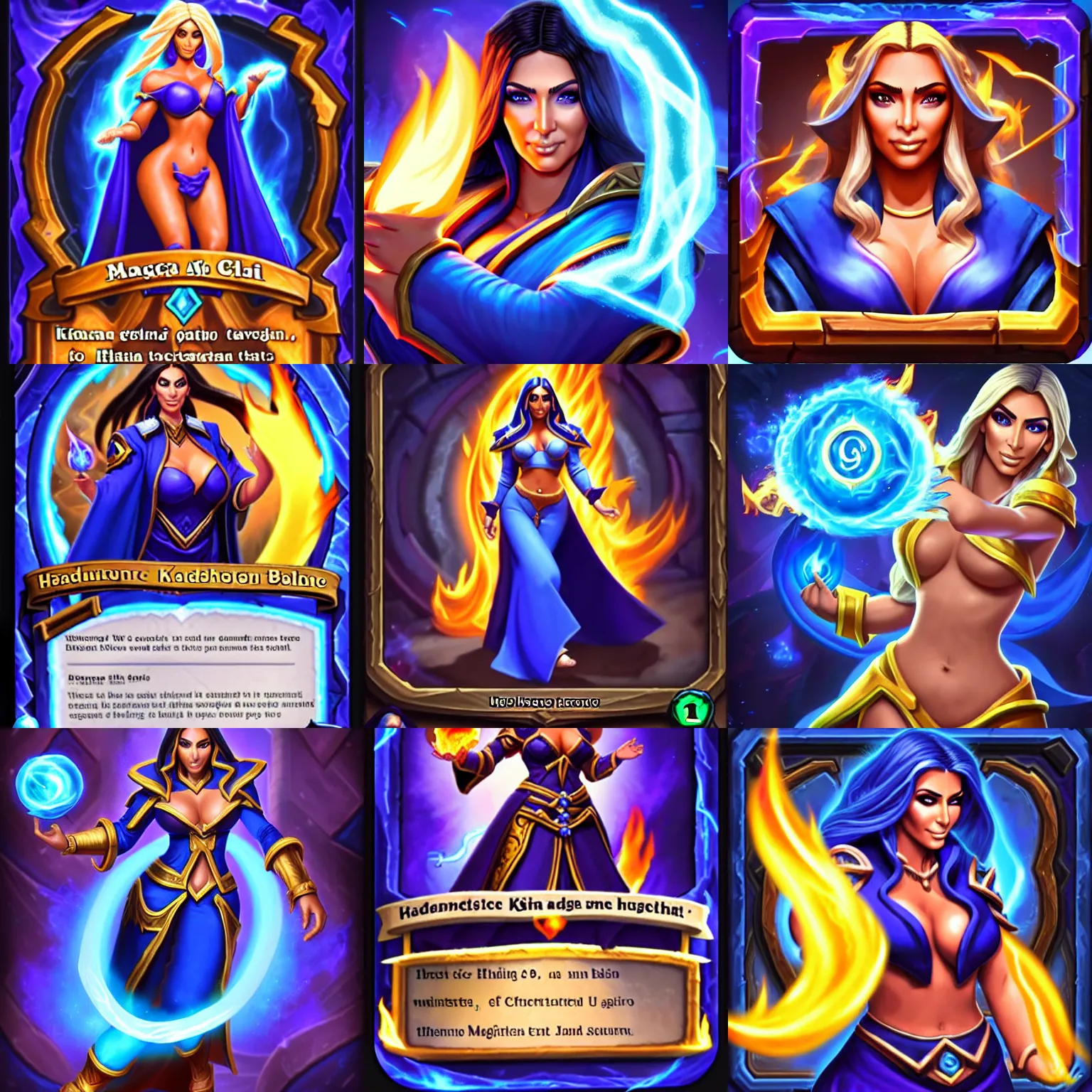 Prompt: Who : a mage with a blue robe casting a fire ball ; Face and hair : Jaina ; Body type : Kim Kardashian ; Frame : no ; IMPORTANT : Hearthstone official splash art, award winning, trending in category Epic