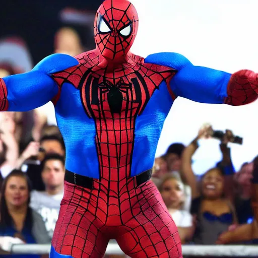 Prompt: dwayne johnson smackdown entrances wearing spiderman costumes, camera angle