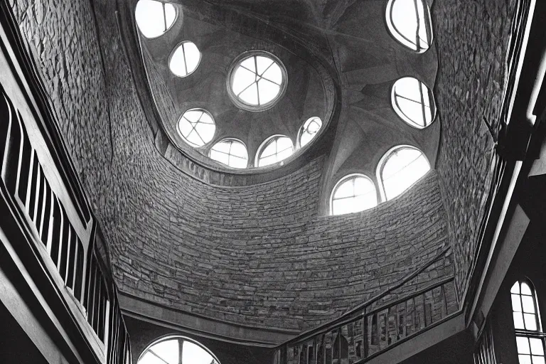 Prompt: Hogwarts stairwell, looking up,by MC Escher ,black and white