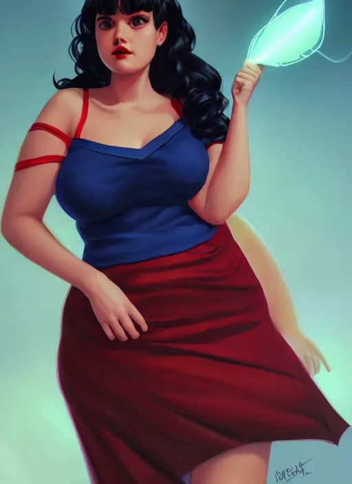 Image similar to full body portrait of teenage veronica lodge, obese, bangs, sultry, realistic, sultry smirk, wavy hair, red skirt, fat, belly, intricate, elegant, glowing lights, highly detailed, digital painting, artstation, concept art, smooth, sharp focus, illustration, art by wlop, mars ravelo and greg rutkowski