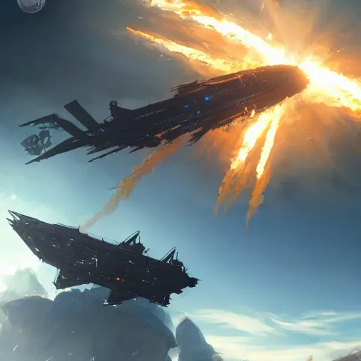 Image similar to epic airship battle bright sunlight final fantasy explosions, high quality concept art featured on artstation