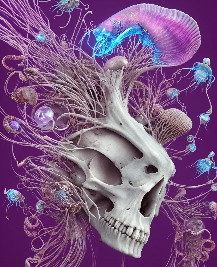 Image similar to goddess close-up portrait ram skull, thorax, x-ray, backbone, jellyfish phoenix head, nautilus, orchid, skull, betta fish, bioluminiscent creatures, intricate artwork by Tooth Wu and wlop and beeple. octane render, trending on artstation, greg rutkowski very coherent symmetrical artwork. cinematic, hyper realism, high detail, octane render, 8k