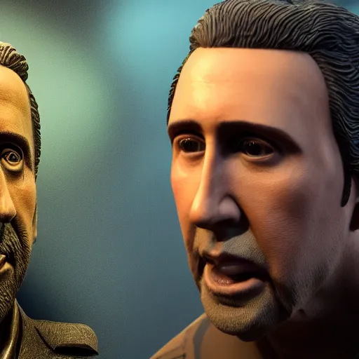 Prompt: Nicolas Cage mossy statue, bottom of the ocean, fish, 4k, detailed, photorealistic, photo, unreal engine 5