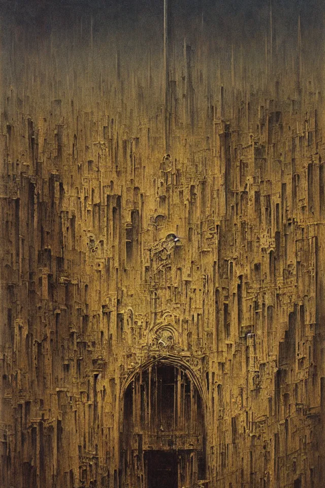 Prompt: painting of an colossal ominous morbid cathedral, high level of details, by Beksinski,