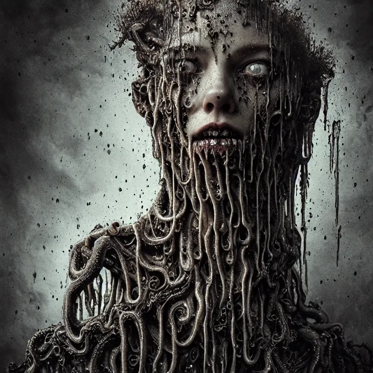 Prompt: ribbed abandoned melting surreal dripping face portrait, covered with tentacles, spines, roots, baroque painting, standing in a desolate empty wasteland, creepy, nightmare, dream-like heavy atmosphere, surreal abandoned buildings, beautiful detailed intricate insanely detailed octane render trending on Artstation, 8K artistic photography, photorealistic, chiaroscuro, Raphael, Caravaggio, Beksinski, Giger, pastel colors