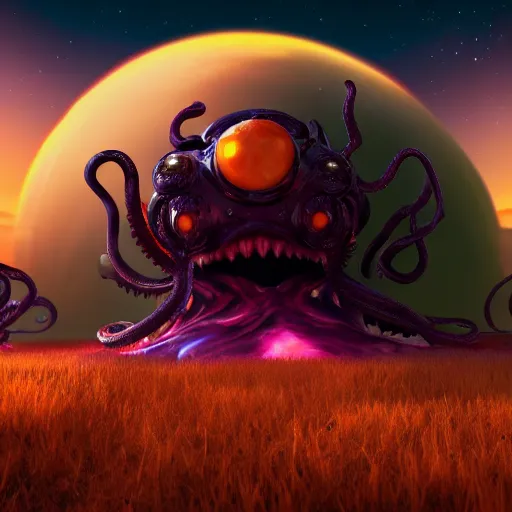 Prompt: Large, floating creatures with multiple eyes and long, dangling tentacles float in the atmosphere of a gas giant, surrounded by orange, pink, and purple clouds. Artstation, Unreal Engine