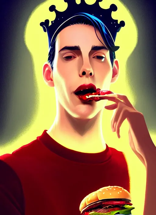 Image similar to portrait of jughead jones, eating a hamburger, wearing a crown, eyes closed, intricate, elegant, glowing lights, highly detailed, digital painting, artstation, concept art, smooth, sharp focus, illustration, art by wlop, mars ravelo and greg rutkowski