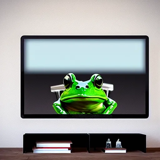 Prompt: A frog sits on a couch and watched TV, Hyperrealistic