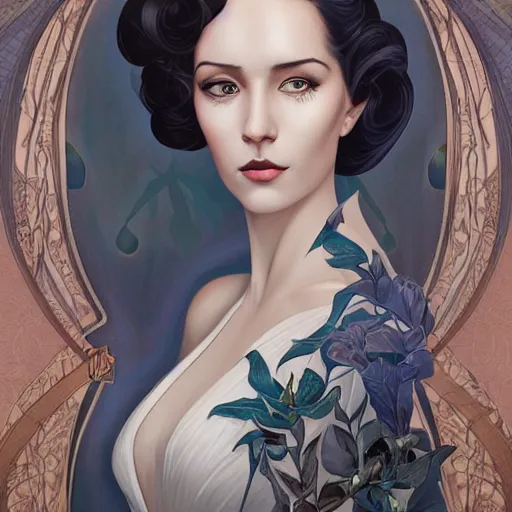 Image similar to an art nouveau, ( streamline moderne ), multi - racial portrait in the style of anna dittmann and charlie bowater and vitaly bulgarov. very large, clear, expressive, and intelligent eyes. centered, ultrasharp focus, dramatic lighting, photorealistic digital matte painting, intricate symmetrical ultra detailed background.