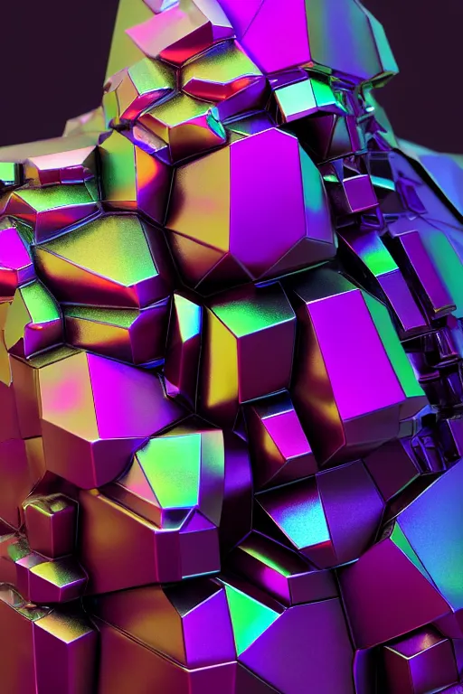 Image similar to a multicolored bismuth golem, an abstract sculpture by ryusei kishida, polycount, crystal cubism, angular, iridescent, made of crystals : : extremely high details, masterpiece, photorealistic, hyperrealism, vray, octane render, volumetric lighting, depth of field, bokeh, artstation, cgsociety