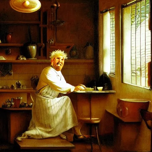 Prompt: Guy Fieri in a modern restaurant kitchen, painting by Pierre Auguste Cot, dramatic lighting, at night