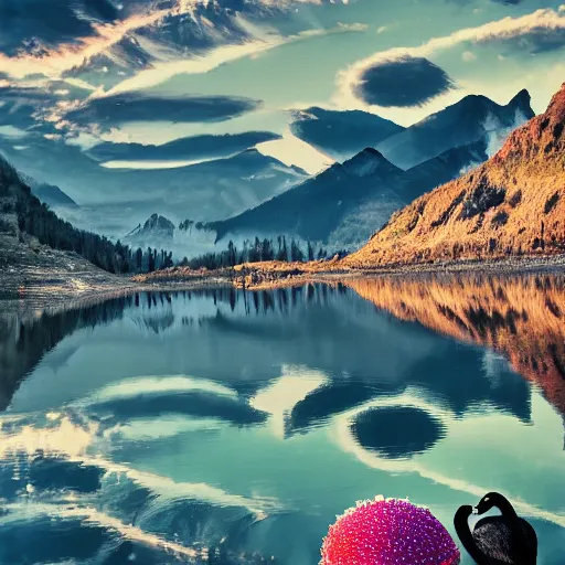 Image similar to photo of two black swans swimming in a beautiful reflective mountain lake, touching heads, forming a heart with their necks, a colorful hot air balloon is flying above the swans, hot air balloon, intricate, 8k highly professionally detailed, HDR, CGsociety