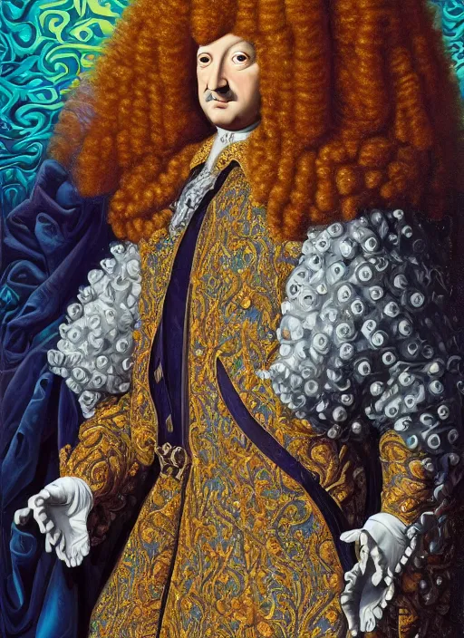 Image similar to beautiful oil painting, portrait of Louis xiv in coronation robes 1701, Dan Mumford, Dan Mumford, Alex grey, Alex grey, hyacinthe rigaurd, lsd visuals, fractal patterns, highly detailed, ornate