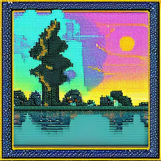 Prompt: night sky reflected in the water, landscape pixel art