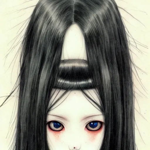 Prompt: a portrait of a character, black hair, dark eyes, dark, gothic, by Miho Hirano, trending on pixv