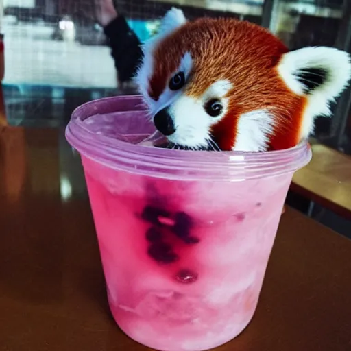 Image similar to A small red panda drinking bubble tea