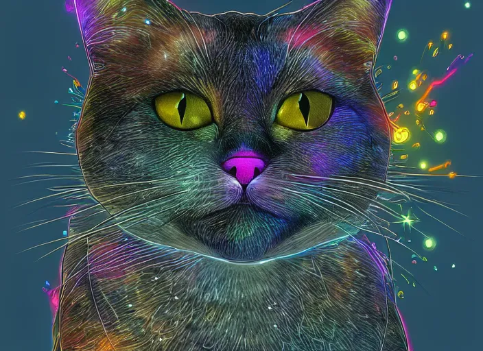 Prompt: coloring book drawing of a cat from a musical sparkly digital space opera, Animated film, volumetric lighting, octane render, by Paul Anglada