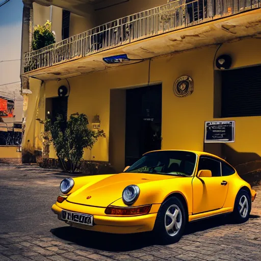 Image similar to Photo of a copper yellow Porsche 911 Carrera 3.2 parked in front of a cafe in Cyprus, daylight, dramatic lighting, award winning, highly detailed