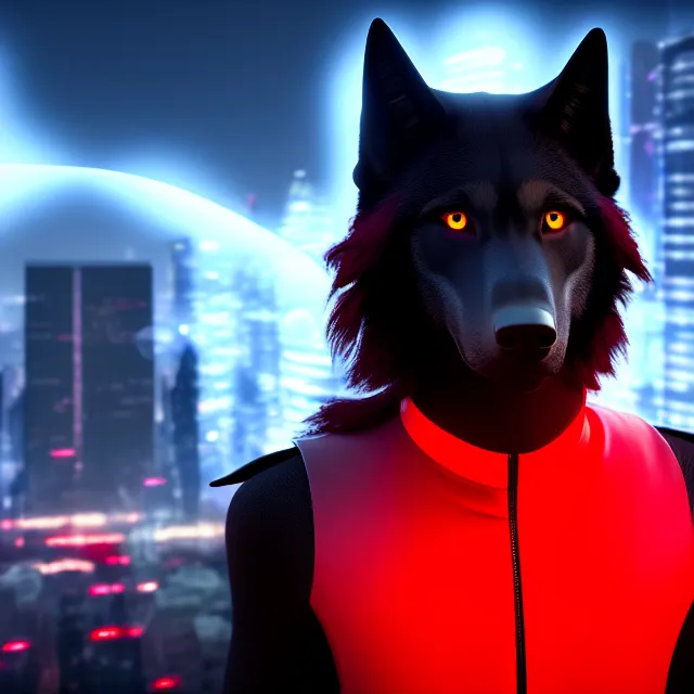 Image similar to portrait of a anthropomorphic black male wolf with red long red hair wearing futuristic clothes in a futuristic city | | concept art, 4 k, volumetric lighting, highly detailed, trending on artstation