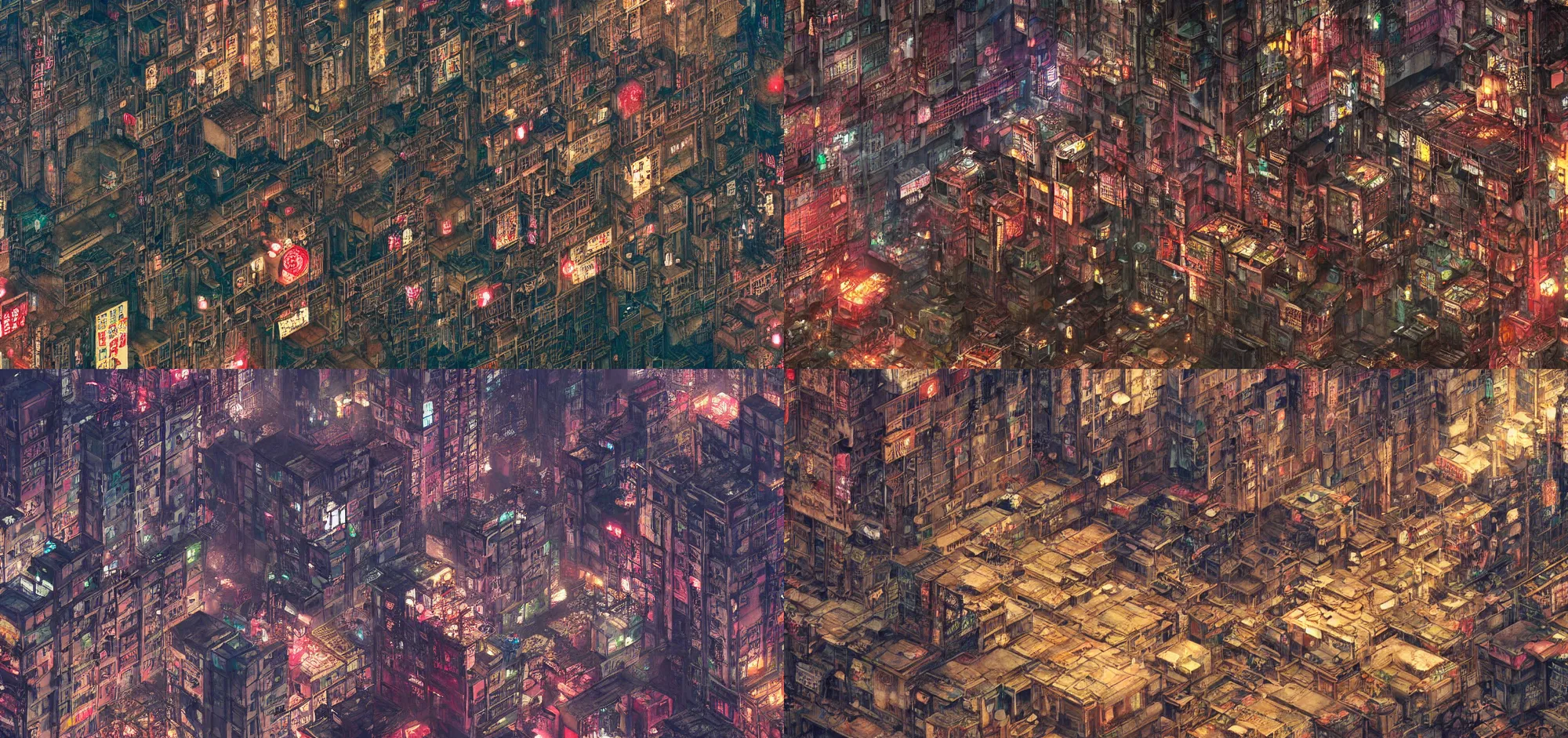 Prompt: Kowloon Walled City, Hong Kong, cyberpunk neon, dystopian futurism by Yoshitaka Amano and Satoshi Kon, 4k hyper detailed, trending on artstation, wide angle