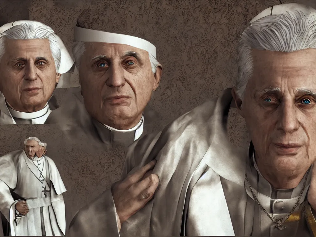 Prompt: pope benedict XVI digital art as the loading screen of GTA V, grand theft auto, golden hour lighting, graphic art,