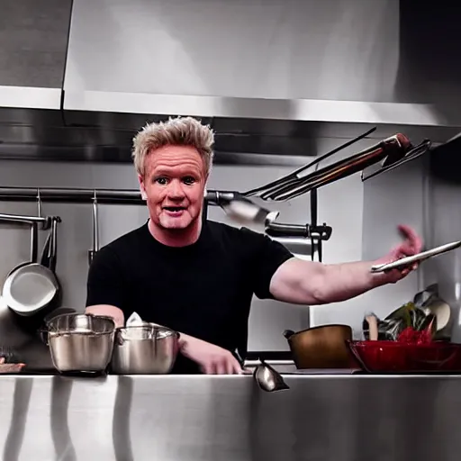 Image similar to hyper real Gordon Ramsey cooking a unicorn in kitchen 4k