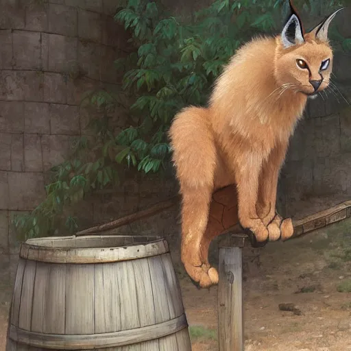 Image similar to a digital art of cute fluffy caracal near a wooden barrel lying at the side, at after noon, ancient greek city, by krenz cushart and mucha and akihito yoshida and greg rutkowski and makoto shinkai, long shot, back lighting, detailed eyes, 4 k resolution, trending on art station