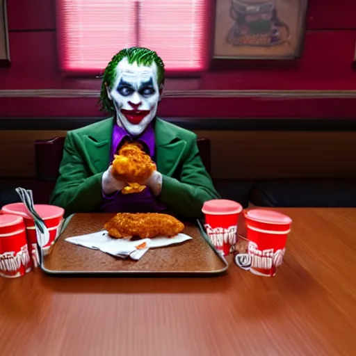 Prompt: cinematic shot of the joker sitting at a table in a popeyes restaurant and biting into a chicken tender, 8 k, very detailed, very intricate,